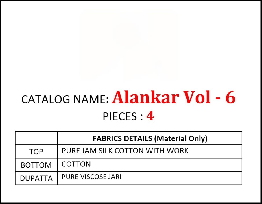 Alankar Vol-6 Kalarang Jam Silk Cotton Dress Material Alankar Vol-6 Kalarang Jam Silk Cotton Dress Material